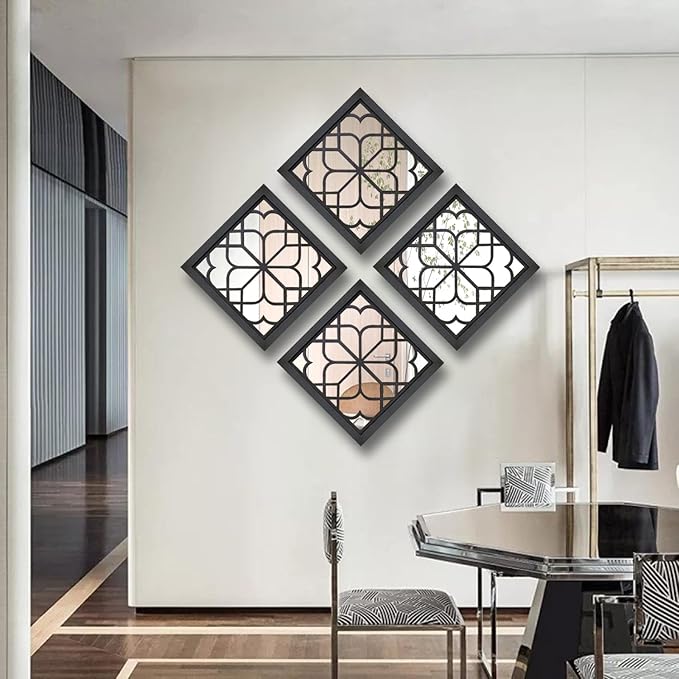 Wocred Set of 4 Mirrors Square Wall Mirror,Gorgeous Rustic Farmhouse Accent Mirror,Black Entry Mirror for Bathroom Renovation,Bedrooms,Living Rooms and More(12”x12”4pcs)
