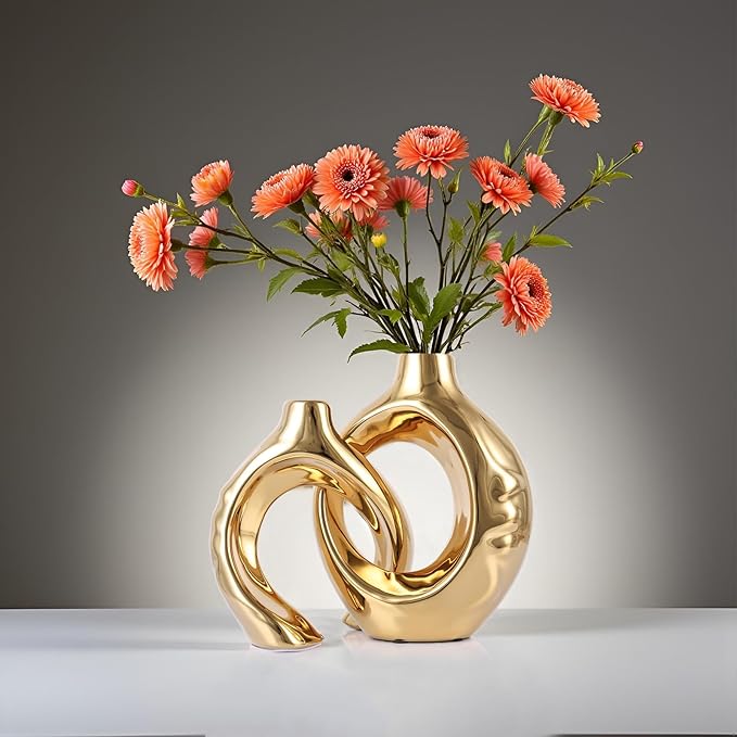 LCCCK Gold Ceramic Vases for Home Decor, Boho Vase for Flowers Pampas Grass Decorative, Hollow Donut Small Vase for Living Room Table Wedding Centerpiece Modern Vases (Gold)