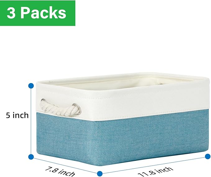 Bidtakay Small Storage Baskets for Shelves 3 Pack Fabric Storage Bins for Organizing Linen Collapsible Organizer for Closet-White&amp;Teal