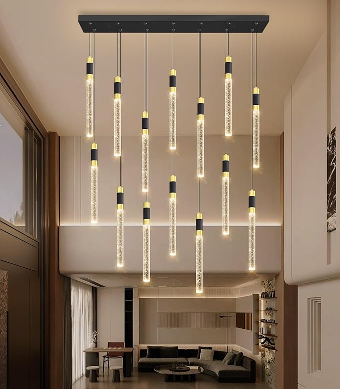 14-Lights Modern Rectangular Chandeliers for Living Room LED Dimmbale Light Fixture for High Ceiling Pendants Lighting for Dining Room