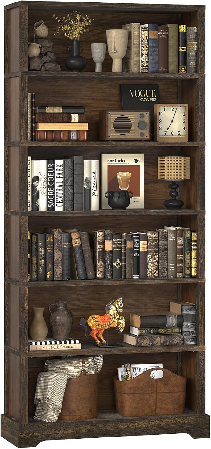 TVU 5-Shelf Wood Bookcase, 65 Inch Tall Bookshelf with Storage, Floor Standing Display Book Shelf，for Living Room Bedroom Study Office (Rustic Brown, 6 Tier)