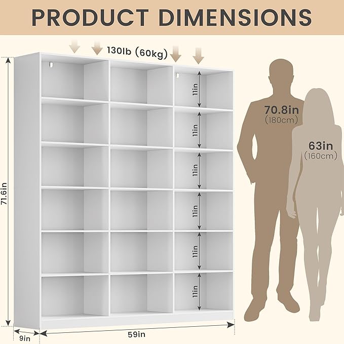 White Bookcase with 18 Display Shelves, Triple Column Book Case, 1PC 6 Tier Large Bookshelf, Freestanding Storage Shelf for Bedroom Living Room Home Office