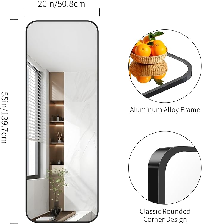 FORBATH Bathroom Mirror 20" x 55", Rectangle Black Bathroom Mirror with Black Aluminum Frame Rounded Corner, Wall Mounted Mirror for Bedroom Entryway Living Room