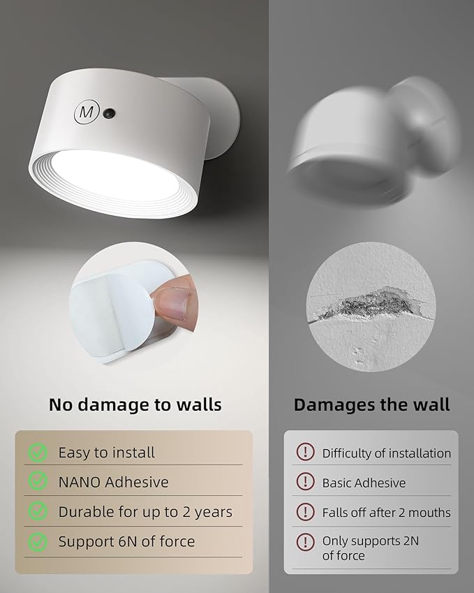 LED Wall Mounted Lights, Rechargeable Wall Sconces Lamp, 3 Color Temps & Remote and Touch, 360°Rotation Dimmable Cordless Wall Light for Study Bedroom Reading Bedside(White, 1 Pack)