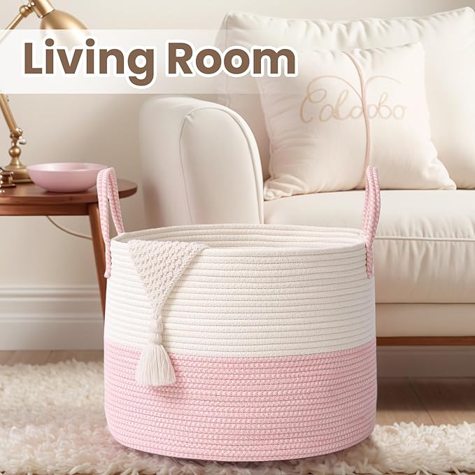 Woven Blanket Basket,65L Large Rope Storage Bin with Handles, Organizer for Blankets Toys Book and Clothes, Laundry Basket for Living Room Bedroom Nursery,White&amp;Pink
