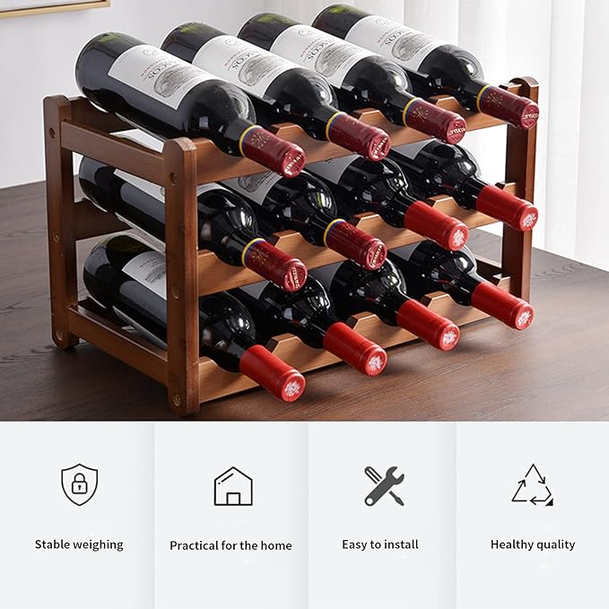 12 Bottle Wooden Wine Rack,3 Tier Free Standing Wine Storage Holder,Retro Minimalist Style Home Decorations Wine Display Shelves for Cabinet,Cupboard,Countertop (3 Tier)