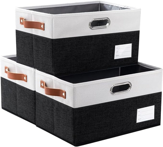 PRANDOM Foldable Storage Bins with Handles [3-Pack] Fabric Collapsible Storage Boxes Baskets Cubes Containers with Handles for Closet Living Room Bedroom (Black &amp; White 14.9x9.8x8.3'')