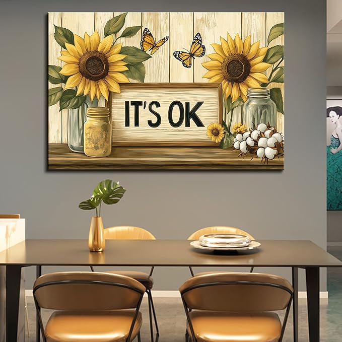superbpag Vintage Kitchen Canvas Wall Art Yellow Sunflower Painting Picture Wall Decor for Kitchen Dining Room, Ready to Hang - 1.5 Inch Thickness