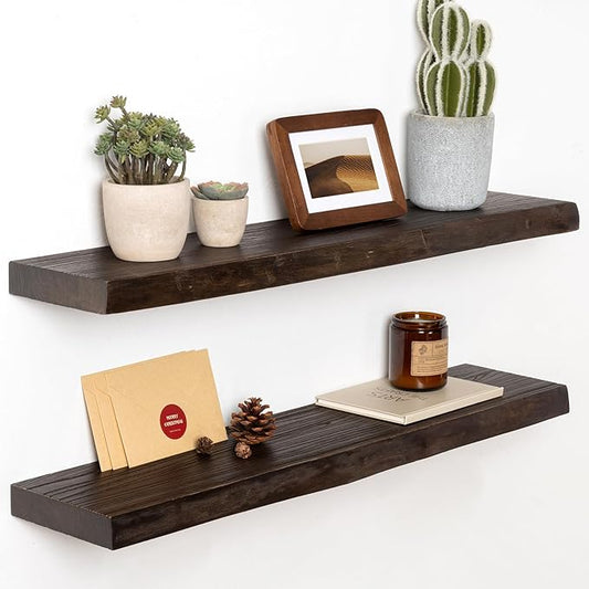 30" Floating Shelves, Live Edge Solid Elm Wood Floating Shelves, Wall Mounted Display Shelves with Heavy-Duty Bracket for Books, Rustic Wooden Shelf for Kitchen, Bathroom, Walnut Color, Set of 2