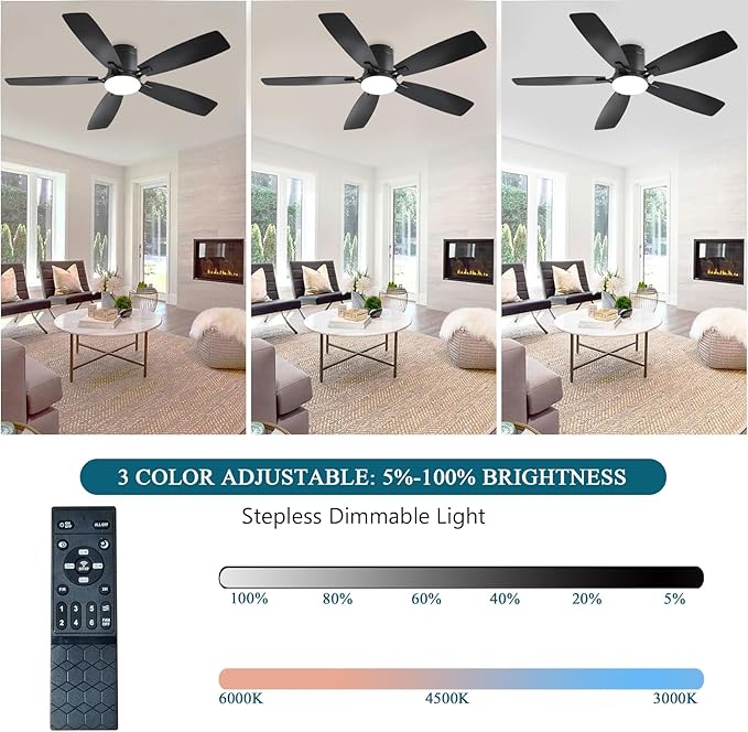 Ceiling Fans with Lights, 52 inch Low Profile Ceiling Fan with Light and Remote Control, Flush Mount, Reversible Motor, Dimmable, Noiseless, Black Ceiling Fan for Bedroom, Indoor/Outdoor Use