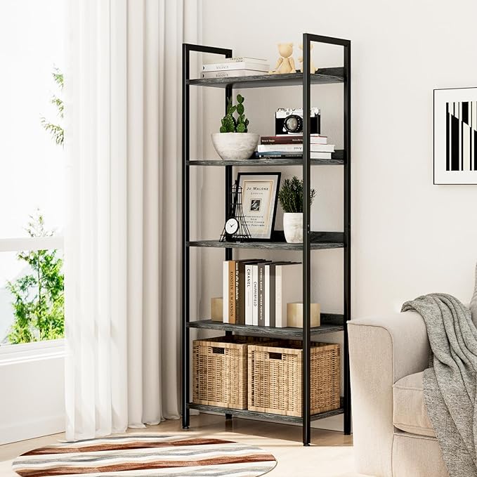 NUMENN Bookshelf, 5 Tier Bookshelfs, Home Office Bookcase Shelf Storage Organizer, Free Standing Storage Shelving Unit for Bedroom, Living Room and Home Office, Dark Gray