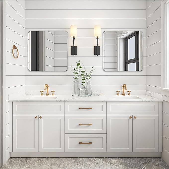 Wall Mount Mirror for Bathroom, Brush Silver Metal Framed Rounded Corner Square Rectangular Vanity Mirror (30" x 30", Silver)