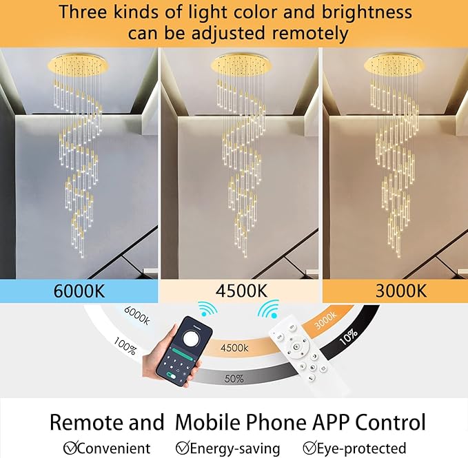 14.7 Foot High Ceiling Chandelier for Entryway Modern Crystal Lights for Living Room Foyer Flush Mount Sloping Ceiling Pendant Light Fixture Remote Dimmable 28-Lights Gold