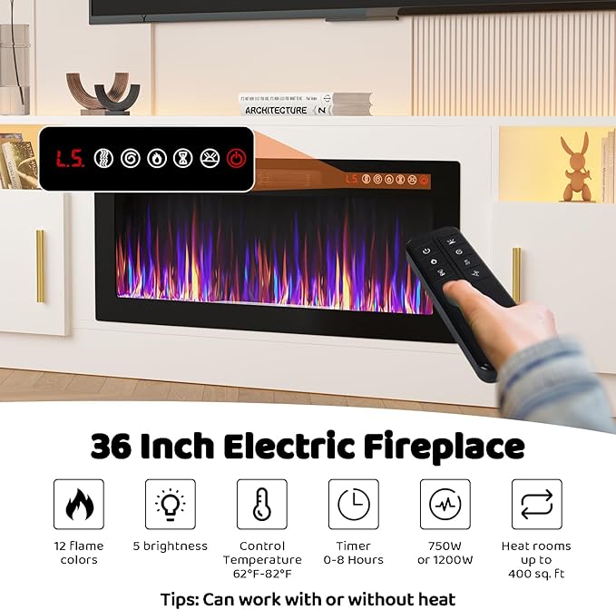 Lemberi Fireplace tv Stand with 36 inch Fireplace Up to 90" TVs, LED Light Entertainment Center and Storage, 80" Modern Wood Media TV Console with Highlight Cabinet for Living Room (White)