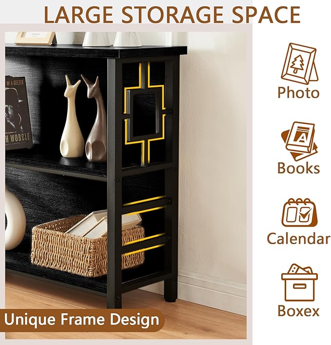 HOMISSUE Book Shelf, 3 Tier Deep Bookshelf with Storage, Engineered Wood and Metal Shelf Bookcase, Low Short Bookcases for Small Space, Living Room, Bedroom, Office, Black