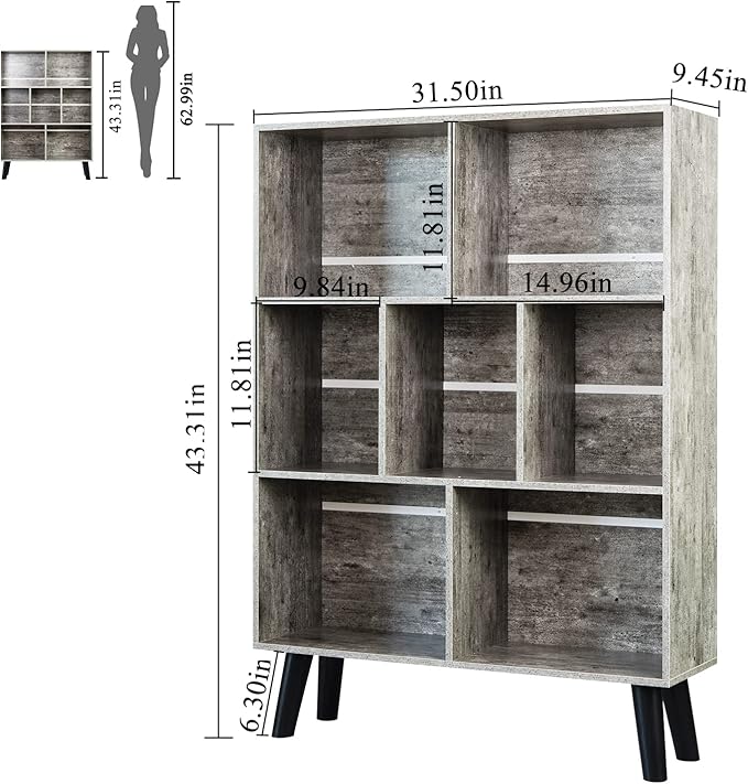 LEYAOYAO Bookshelf Cube Storage Organizer,3 Tier Bookcase with Legs,Modern Wood Open Shelf,Dirty Gray Bookshelfs,Free Standing Display Short Book Shelves for Narrow Space,Bedroom,Living Room,Office