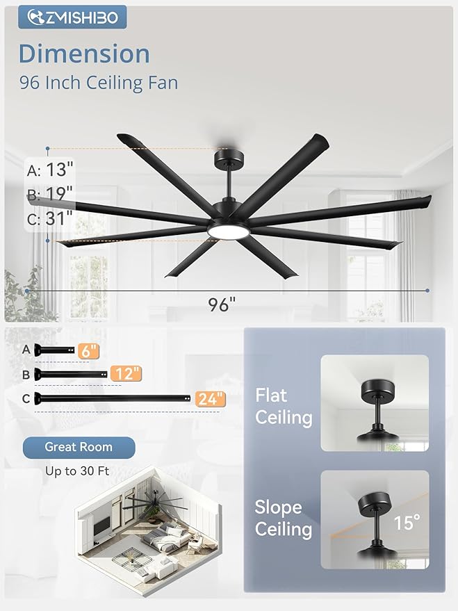 ZMISHIBO 96 Inch Ceiling Fans with Lights, Large Indoor/Outdoor Industrial Ceiling Fan with 8 Aluminum Reversible Blades, Quiet DC Motor, 3CCT&6-Speed Remote Control, Damp Rated for Shop/Garage/Gazebo