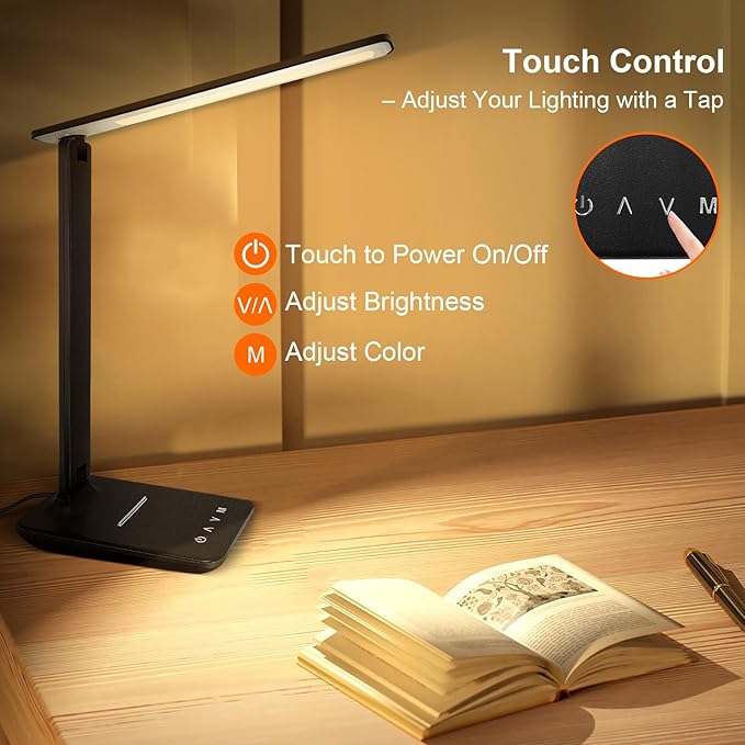 LED Desk Lamp for Office Home, Bright Desk Light with USB Charging Port, Adjustable Dimmable Desk Lamps 5 Modes 5 Brightness, Touch Study Lamp for Nail, Craft, Puzzle, Sewing, Study, Black