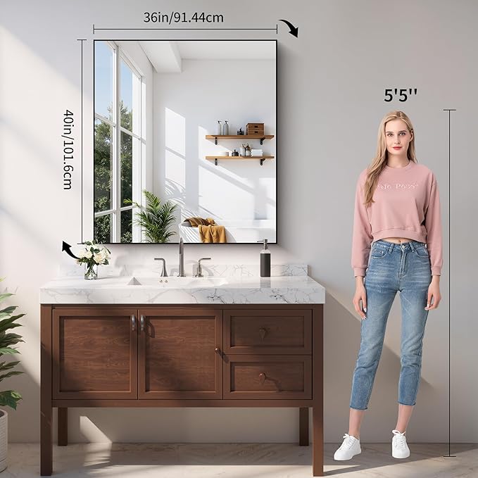 YIROMAN Bathroom Mirror 36"x40", Large Brushed Silver Bathroom Mirror for Over Sink with Aluminum Frame, Rectangular Vanity Mirror with Right Angle, Wall Mirror Hangs Horizontal or Vertical