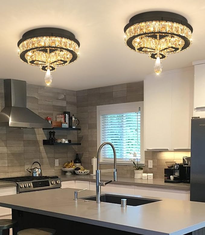 12'' Modern Crystal Chandelier LED Dimmable Flush Mount Ceiling Light Pendant Light for Hallway Living Room Bedroom Dining Room Foyer Black