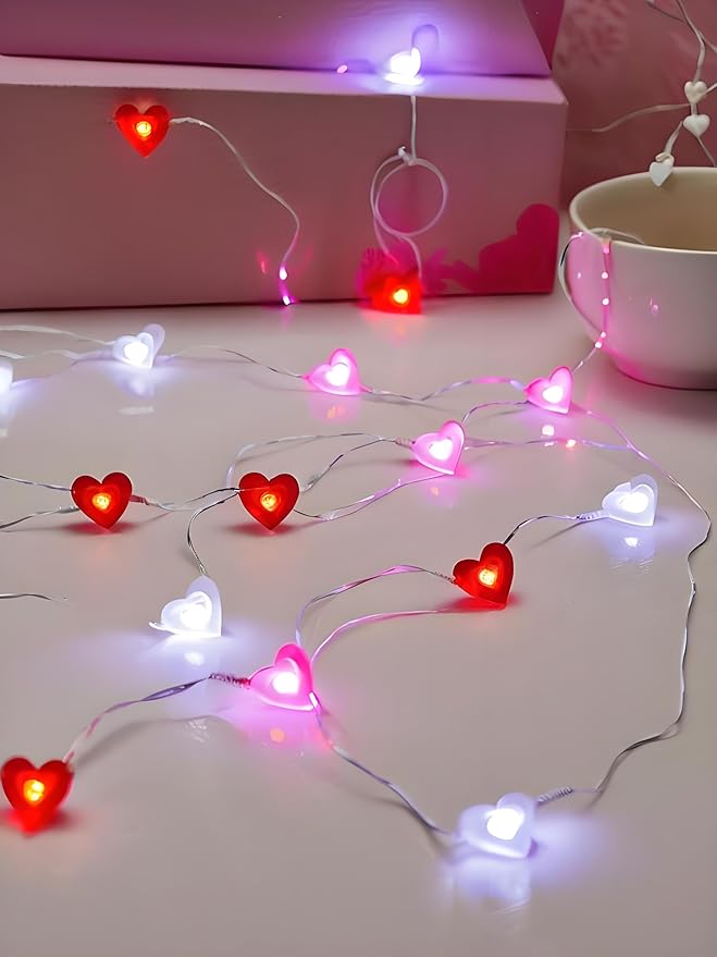 Red Pink White Heart Fairy Lights Battery Operated for Valentines Decor, 10FT 30 LED Battery String Lights with Timer Waterproof for Indoor Outdoor Valentines Proposal Anniversary Wedding Decorations