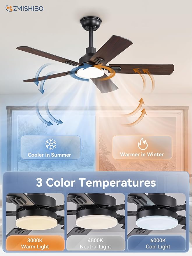 ZMISHIBO 44" Ceiling Fans with Lights, Black Modern Ceiling Fan with Remote, Farmhouse Indoor Ceiling Fan with Dual Finish Blades, Quiet & Strong Motor, Bright LED Light.