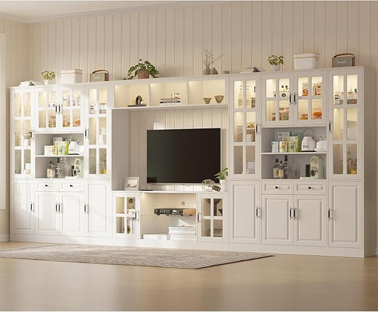 MEISSALIVVE 4-Piece Wall Unit TV Stand with Storage & LED Lights for TVs up to 75", Modern Entertainment Center with Bookshelves & 8-Door Pantry Cabinet, White