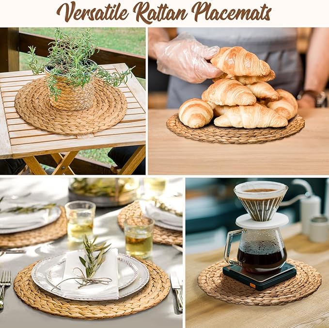 13.8 in Round Boho Placemats Set of 6, Woven Plate Chargers for Dining Table Decor Farmhouse Rustic Rattan Wicker Table Mats Chargers for Dinner Plates Jute Braided Place Mats