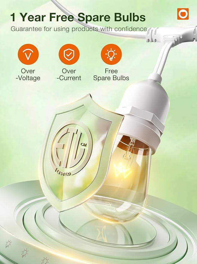 addlon 96FT(48FT*2) Outdoor String Lights White Commercial Grade Weatherproof Strand, 36 Edison Vintage Bulbs, 30 Hanging Sockets 6 Spare Bulbs, ETL Listed Decorative Lights for Patio Garden