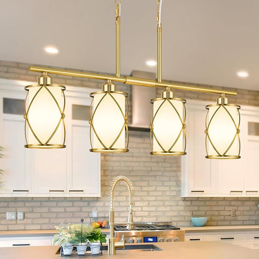 4-Light Kitchen Island Lighting, Brushed Gold Linear Dining Room Light Fixtures with Milk Glass, Modern Industrial Chandelier Pendant Light for Kitchen Island Dining Room, CH9176BGW-4IS