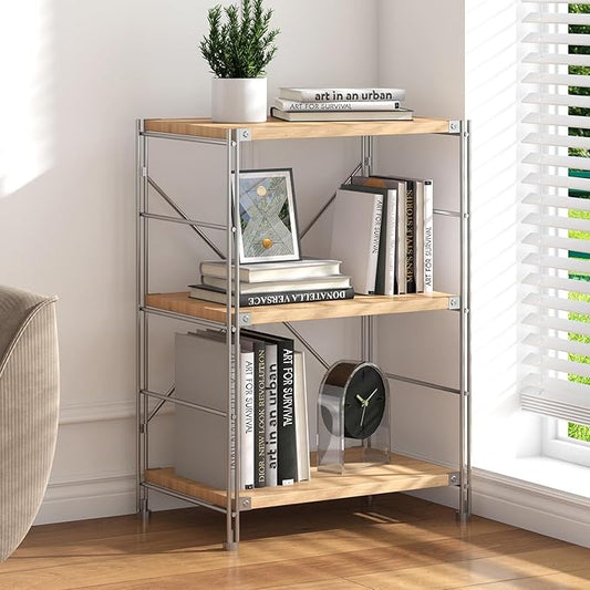 3-Tier Industrial Bookcase Adjustable, Modern Open Shelving Unit Book Shelves, Freestanding Wood &amp; Metal Display Shelves, Living Room Storage Organizer, for Bedroom