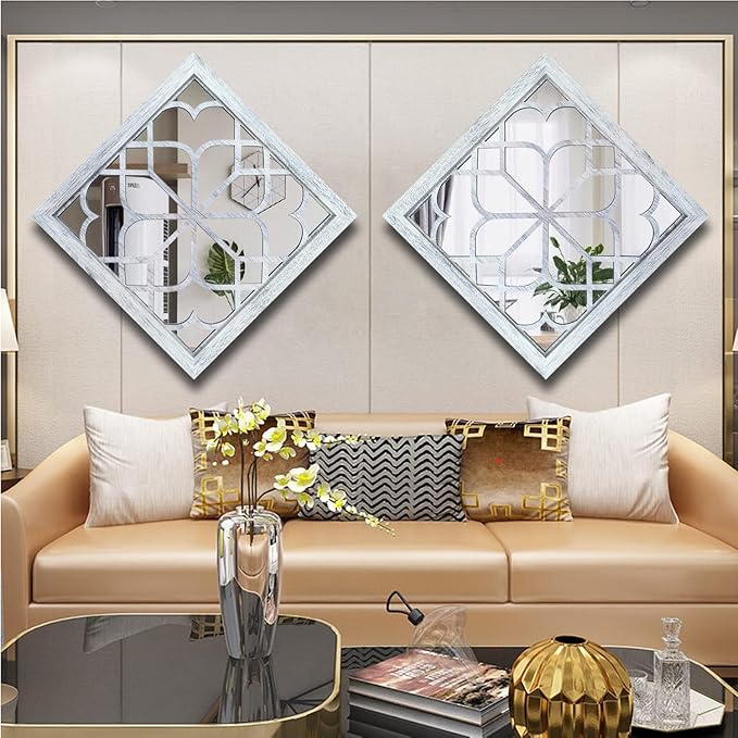 Wocred 2 PCS Square Wall Mirror,Gorgeous Rustic Farmhouse Accent Mirror,Rustic White Color Entry Mirror for Bathroom Renovation,Bedrooms,Living Rooms and More(16”x16”)