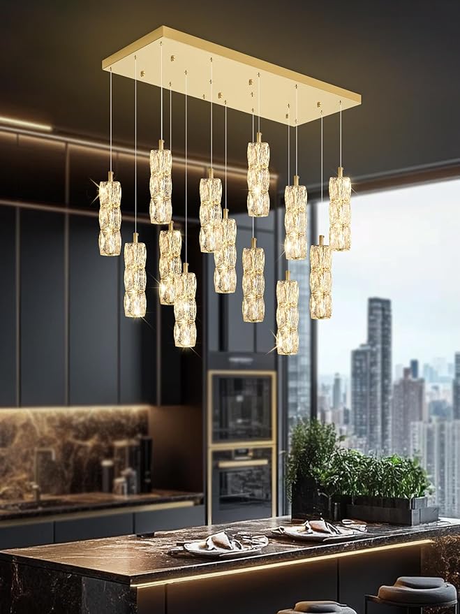 16-Lights Modern Crystal Chandelier Rectangular Dining Room Chandeliers LED Pendant Lighting Fixture for Kitchen Island High Ceiling Chandelier for Staircase Foyer Entryway