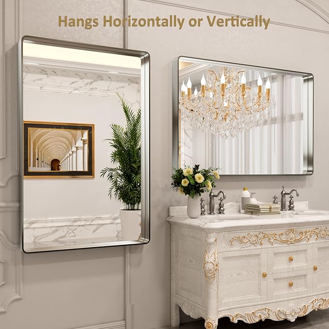 LOAAO 55X36 Inch Brushed Nickel Bathroom Mirror, Rounded Rectangle Silver Metal Frame Mirror, Brushed Nickel, Anti-Rust, Shatter Proof, Hangs Horizontally or Vertically