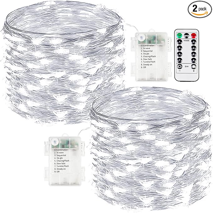 2-Pack Fairy Lights Battery Operated with Remote, Waterproof 33FT 100 LED Battery String Lights Outdoor Indoor, 8 Modes Twinkle Lights with Timer for Bedroom Wedding DIY Christmas Decor (Cool White)