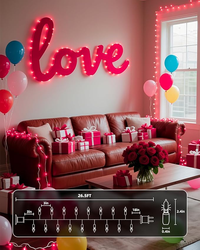Brightown Pink Mini String Lights, 100-Count 26.5ft Incandescent Bulb Valentine's Day Fairy Lights for Indoor Holiday Decoration, Christmas Tree Garland Wedding Party Multi-Use Decor, White Wire