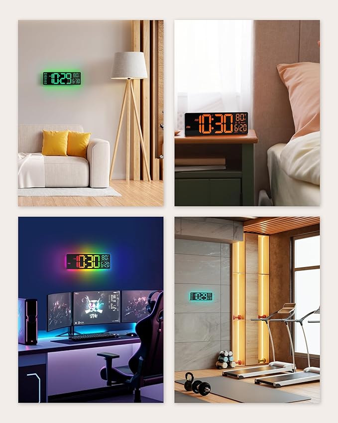 12" Digital Wall Clock for Classroom Livingroom Game Home Decor with LED Display RGB Lights, BIuetooth Sync, Dual Alarms, Auto DST, Countdown, Remote Control, Temperature
