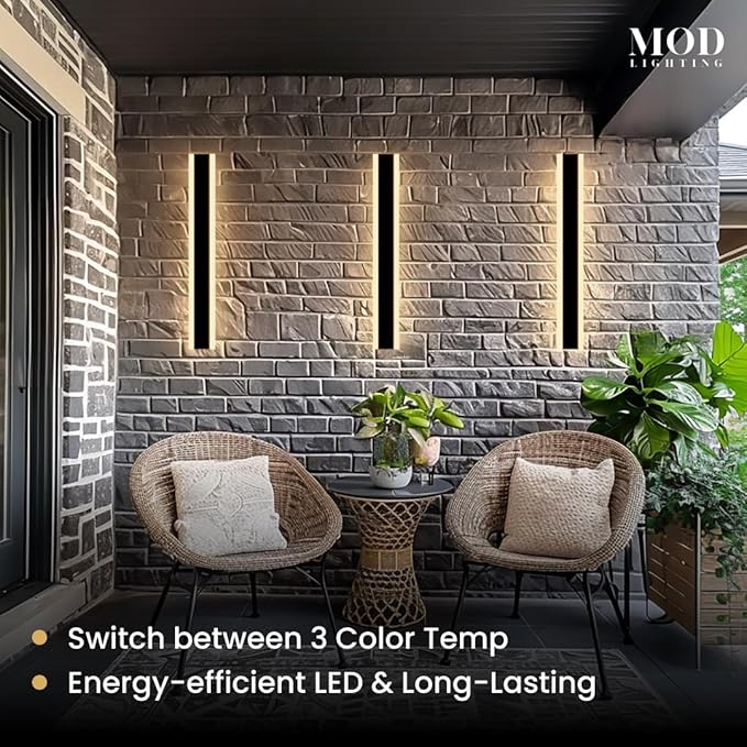 𝗠𝗢𝗗 𝗟𝗜𝗚𝗛𝗧𝗜𝗡𝗚 Haylen | Waterproof Outdoor Wall Light, LED Dimmable with Remote 3000K-6000K, Long Outdoor Porch Lights, Wired Lighting Fixture, Patio Exterior Wall Sconce, 2-Pack (Black, 24")