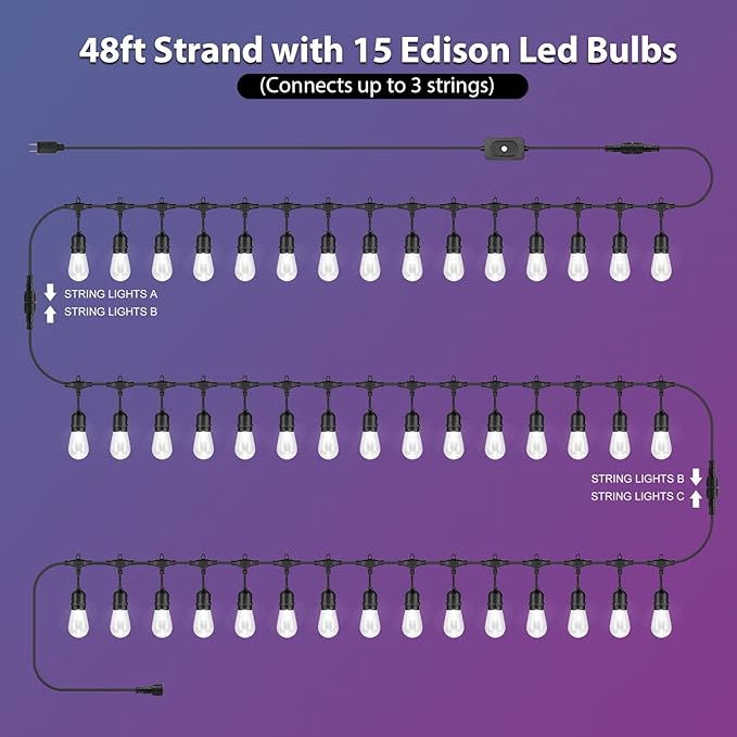 Mlambert 96Ft(2x48ft) Outdoor Patio Lights, RGB Dimmable Cafe String Lights with 30+5 Commercial Grade LED Edison Bulbs for Yard Balcony-Black 2 Pack