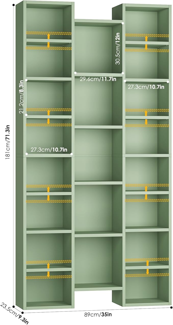 FOTOSOK 71'' Tall Bookshelf, Triple Wide Bookshelf with Adjustable Shelves, 8 Tier Media CD DVD Storage Tower Rack, Diaplay Cabinet Shelf, Cube Storage Organizer Shelf for Home Office, Green