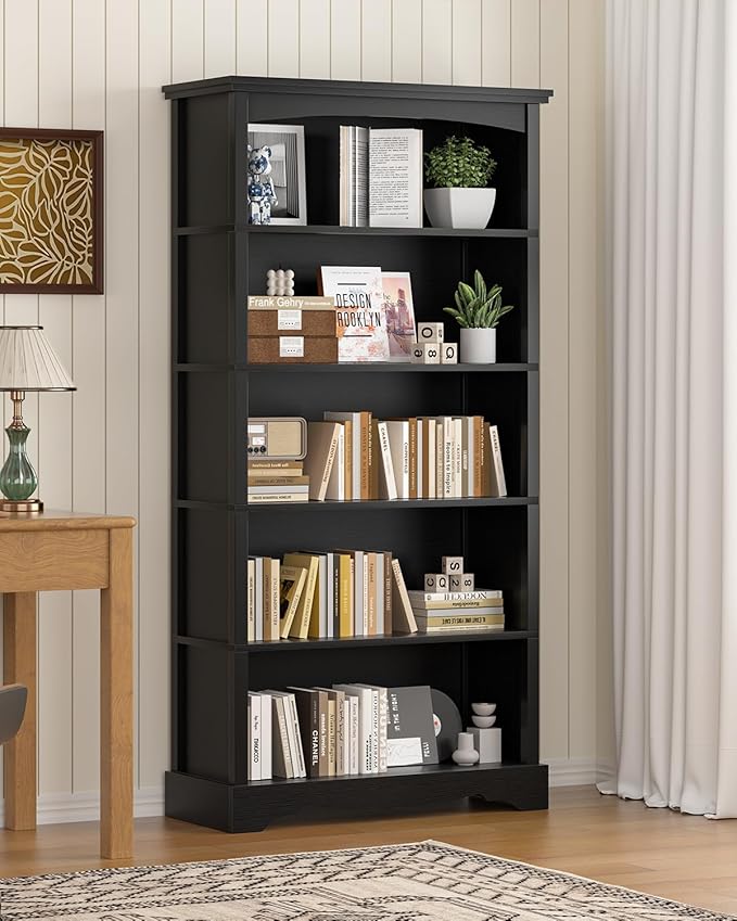 TVU 5-Tier Wooden Bookshelf, 65 Inch Tall Bookshelf with Storage, Floor Standing Modern Style Display Bookcase for Living Room, Office, Study Room, Entryway, Black