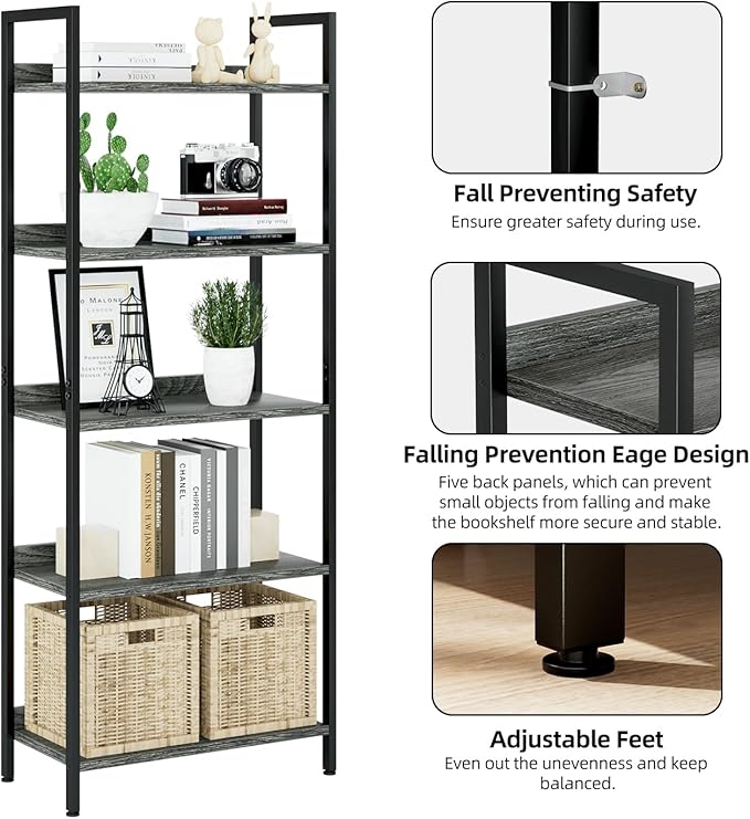 NUMENN Bookshelf, 5 Tier Bookshelfs, Home Office Bookcase Shelf Storage Organizer, Free Standing Storage Shelving Unit for Bedroom, Living Room and Home Office, Dark Gray