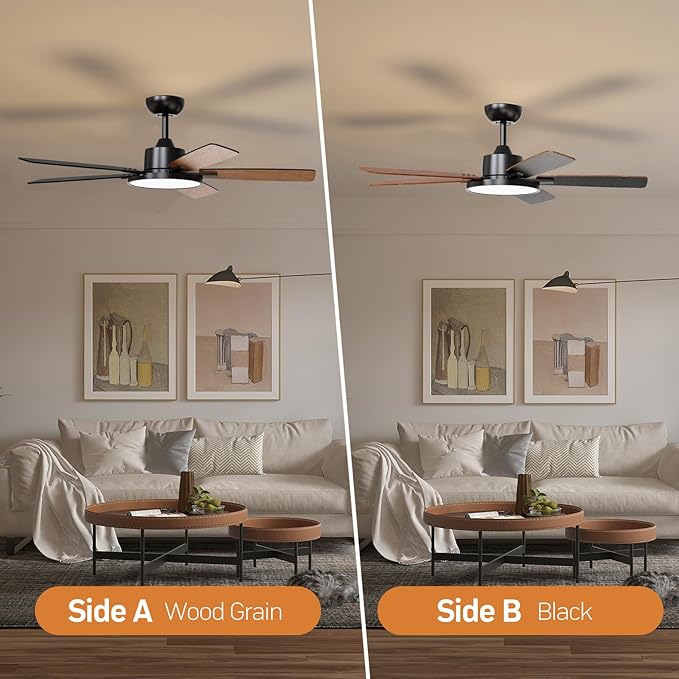 TALOYA 52 Inch Black Smart Ceiling Fans with Lights Led Remote Control Flush Mount Low Profile for Bedroom Living Dining Room Outdoor Farmhouse Patio,Reversible,DC Motor,3 Color Temperatures,5 Blades
