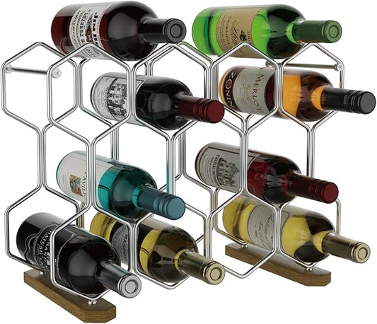 Buruis Countertop Wine Rack with Acacia Base, 14-Bottle Modern Freestanding Metal Holder for Red and White Wine, Tabletop, Kitchen, Bar, and Cabinet Storage (Chrome)