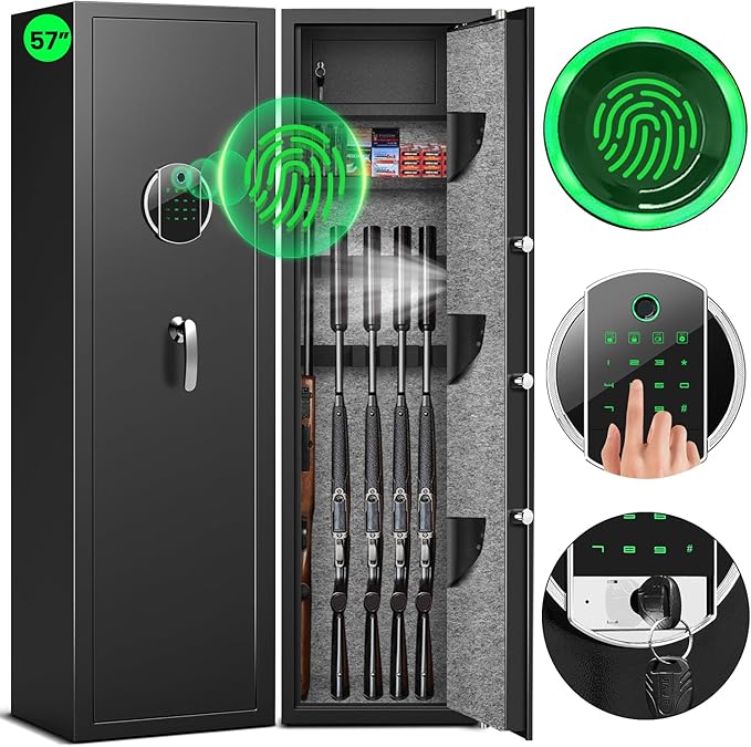 8-12 Gun Safe, Biometric Rifle Safe, 57"Heavy Duty Long Gun Cabinet for Rifles and Shotguns, Quick Access Gun Cabinet for Home Rifles and Pistols with LCD Keypad, Dual Alarm System