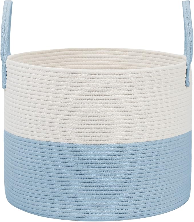 Woven Blanket Basket,65L Large Rope Storage Bin with Handles, Organizer for Blankets Toys Book and Clothes, Laundry Basket for Living Room Bedroom Nursery,White&amp;Blue