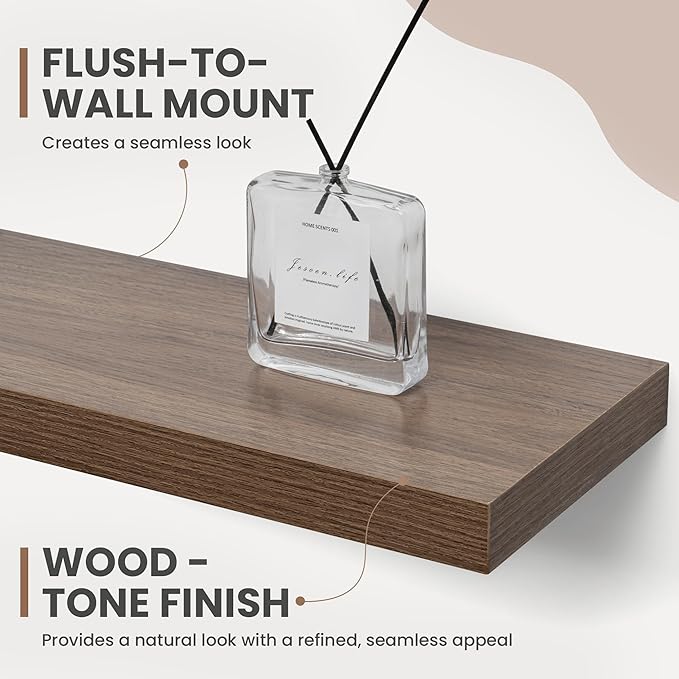 16 Inch Floating Shelves, 8 Inch Deep Floating Shelves for Wall, Hanging Shelf with Invisible Brackets, Deep Shelves for Bathroom, Bedroom, Living Room, Walnut, Set of 2