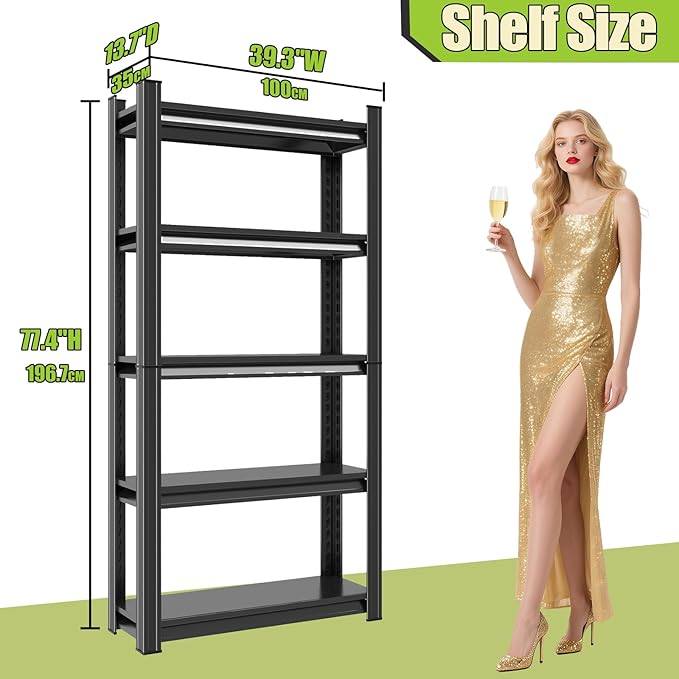 Book Shelf 5-Tier Adjustable Industrial, Tall Bookshelfs Storage 250Lbs, Black Metal for Office &amp; Library (77.4" H * 39.3" W * 13.7" D)