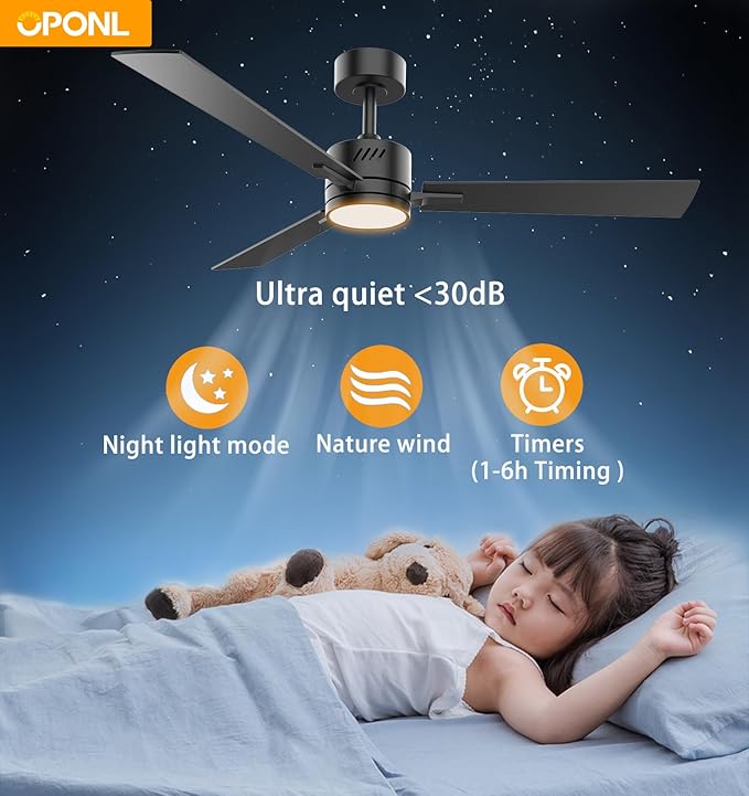 Black Ceiling Fan with Light 52inch, Low Profile, Remote Control, Downrod Mount, Noiseless, Reversible, 6CCT, Dimmable, 6 speeds, Timeable, Ceiling Fans with Lights for Living Room, MDF