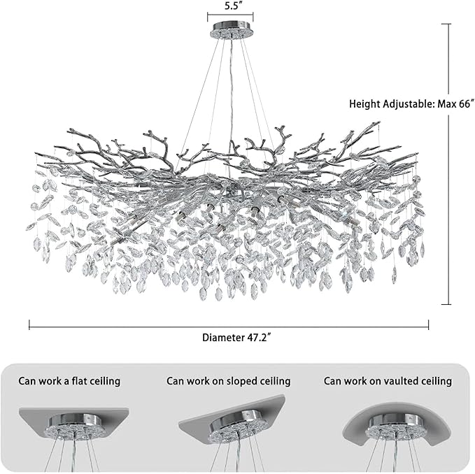 YUYI Modern Crystal Chandelier, 47" Silver Tree Branch Chandelier for Dining Room, 18-Light Round Raindrop Chandeliers for Living Room, Foyer, Entryway, Bedroom, Kitchen, Luxury Top K9 Light Fixture